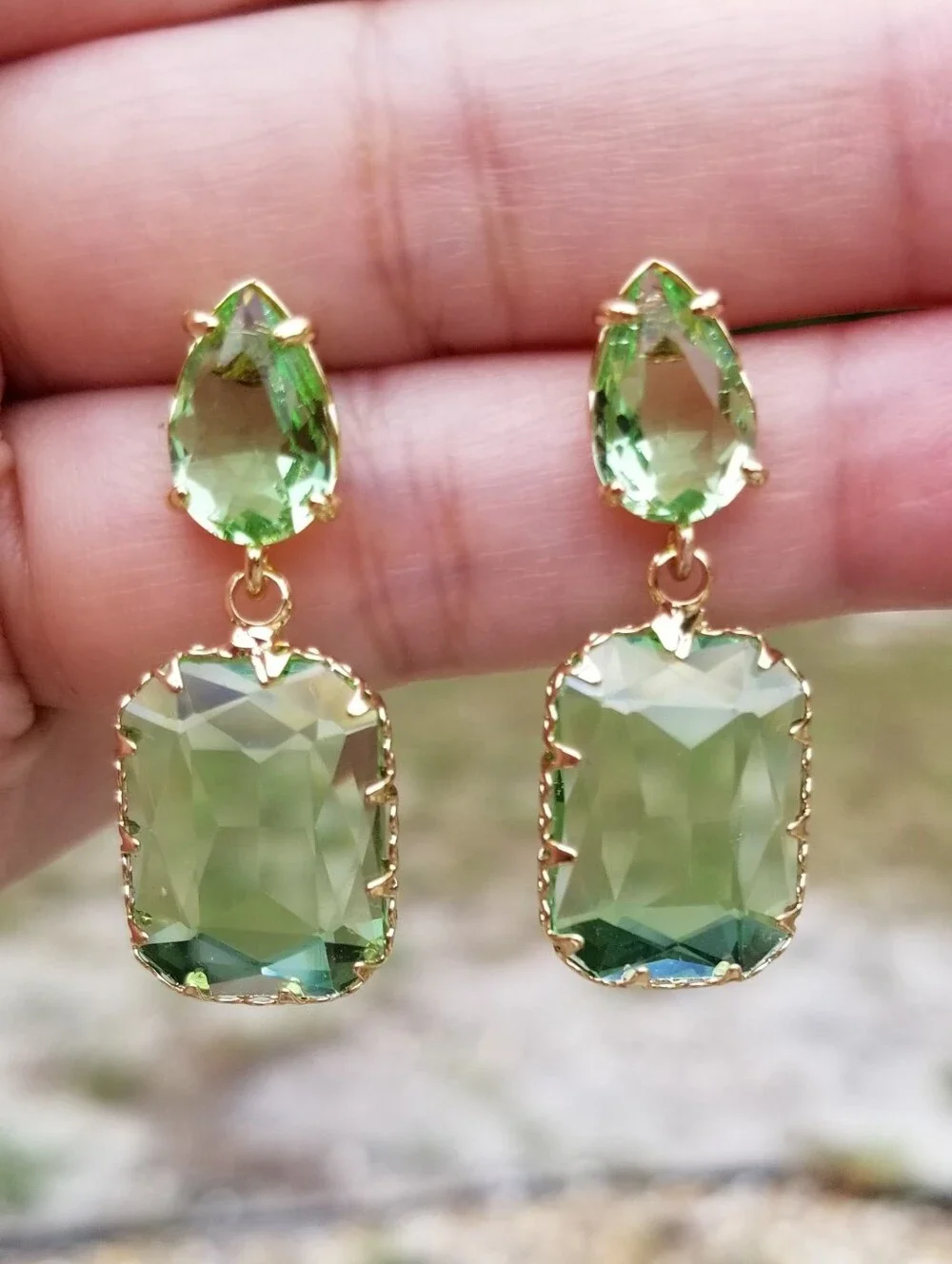 14k Gold Peridot Stud Earrings, Rectangular Peridot Dangle Earrings, Green Stone